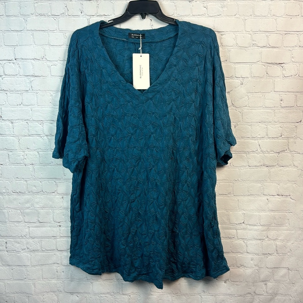 BloomChic Teal V-Neck Women's Textured Short Sleeve Top Plus Size 4X - Picture 2 of 7
